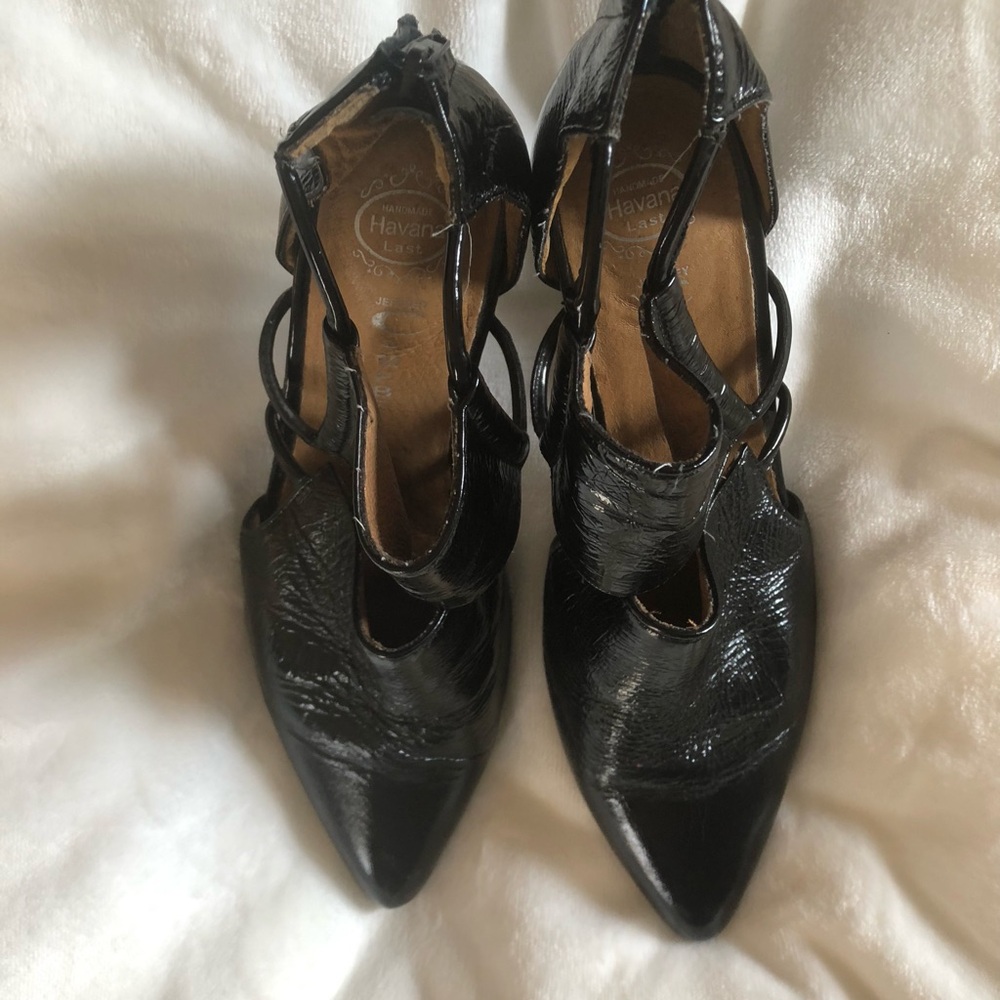 Havana Black Patent Leather Strappy Pointed-Toe Heels with lucite heel
